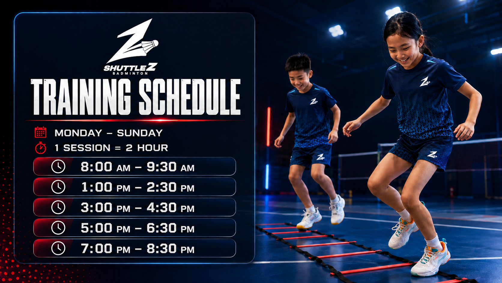 ShuttleZ training schedule — Monday to Sunday, 1 session 2 hours